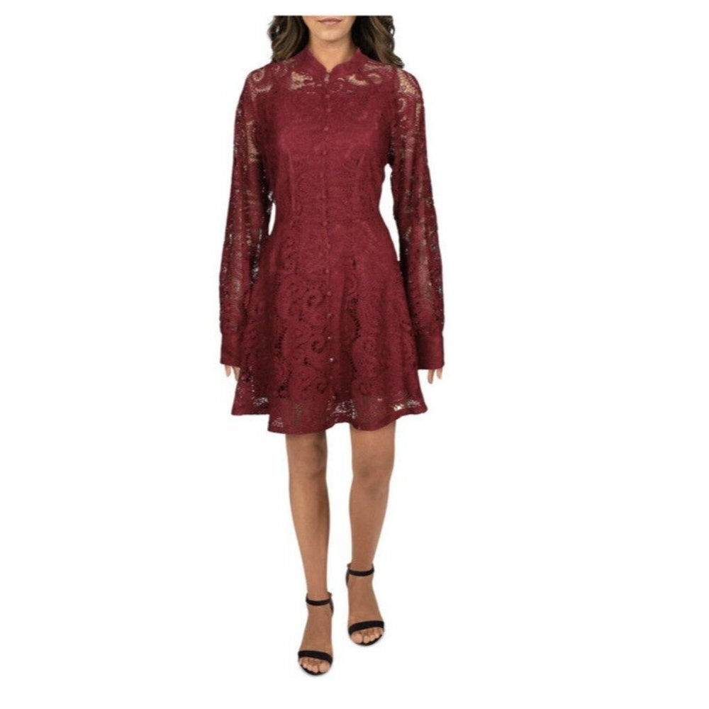 Aqua Womens Fit & Flare Dress Burgundy Paisley Long Sleeve Lace Lined Zip XS New